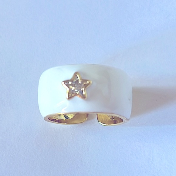 Gold & White Enamel Wide Band With Cubic Zirconia Star - Picture 1 of 6